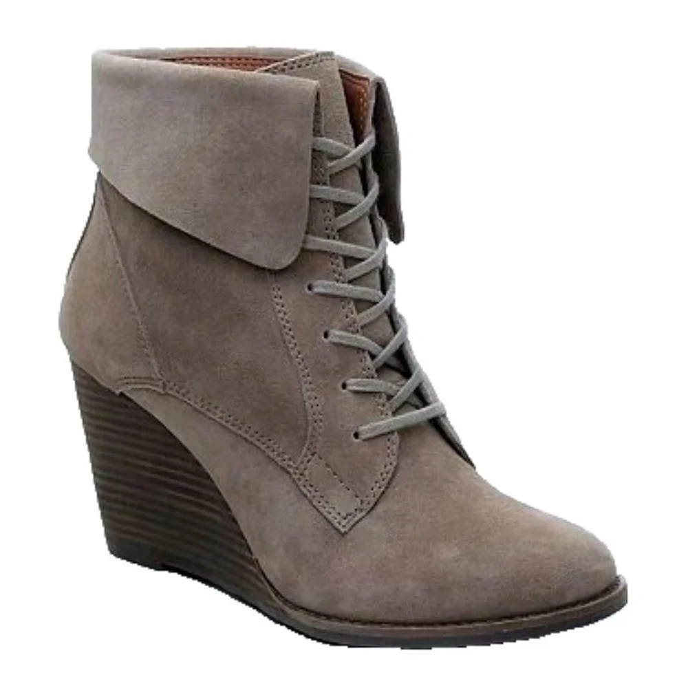 LUCKY BRAND SUEDE GRAY TAUPE LACE-UP WEDGE CUFFED ANKLE BOOT 8 NWT